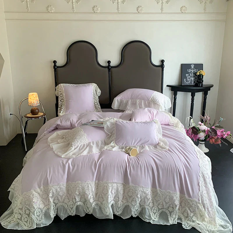 Afralia™ Romance Lace Ruffles Bedding Set 4Pcs, 200x230cm, Princess Wedding Theme