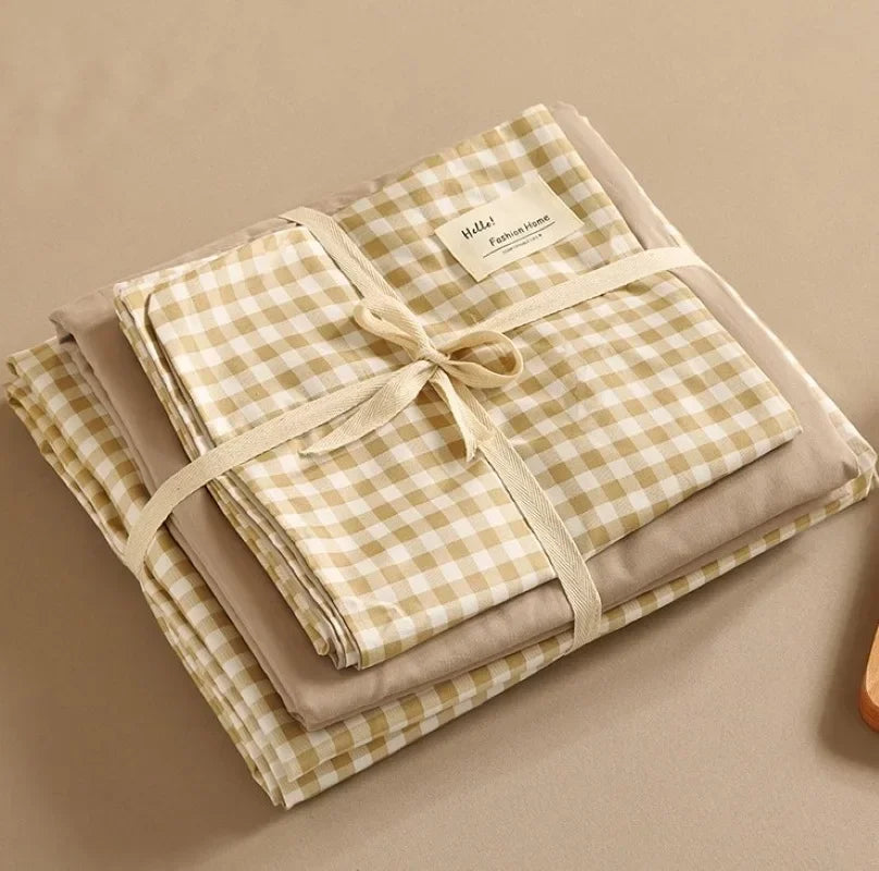 Afralia™ Japanese Grid Print Bed Set in Washed Cotton for Summer Comfort