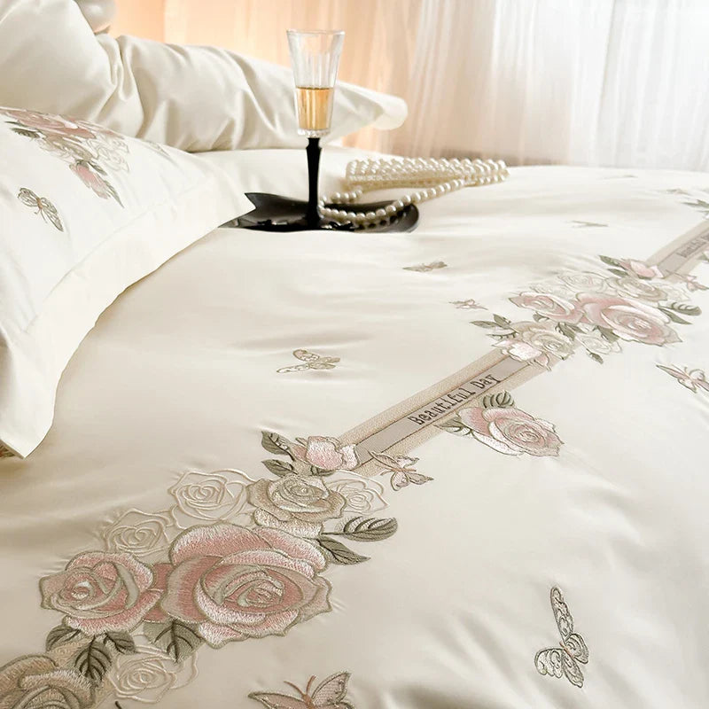Afralia™ Vintage Rose Butterfly Embroidery Bedding Set 4Pcs