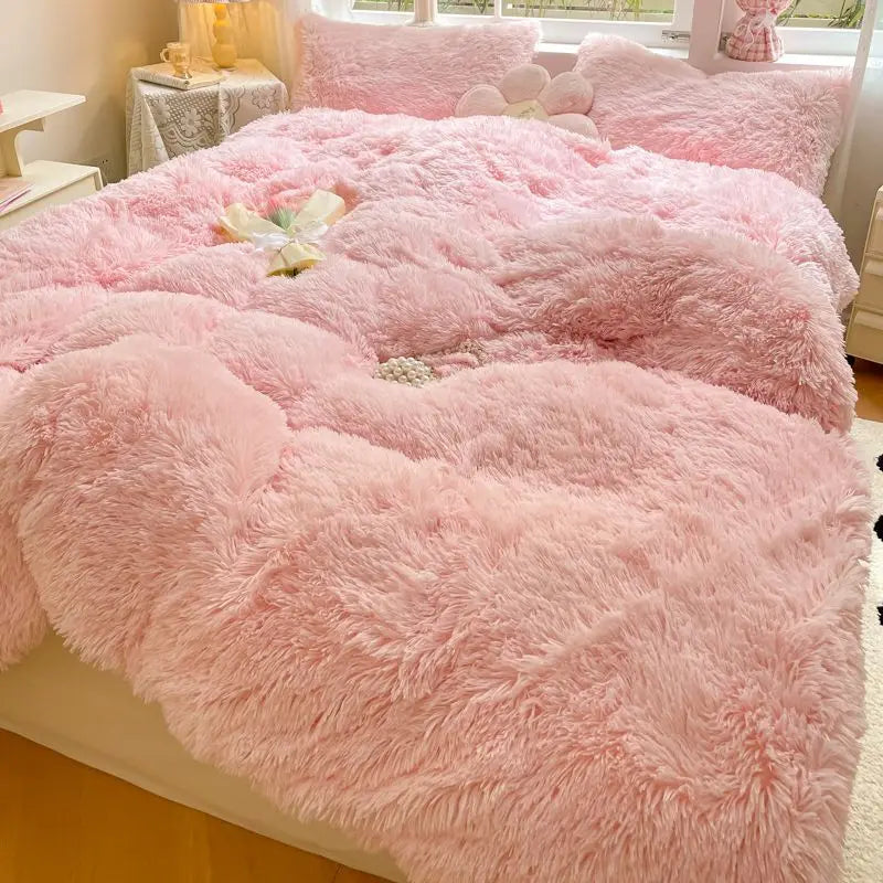 Afralia™ Shaggy Faux Rabbit Fur Bedding Set: Cozy Gradient Coral Fleece Quilt, Duvet Cover, Pillowcases