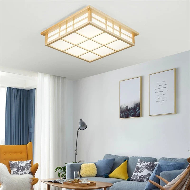 Afralia™ Japanese Wooden Square LED Ceiling Lights for Modern Living Room and Kitchen