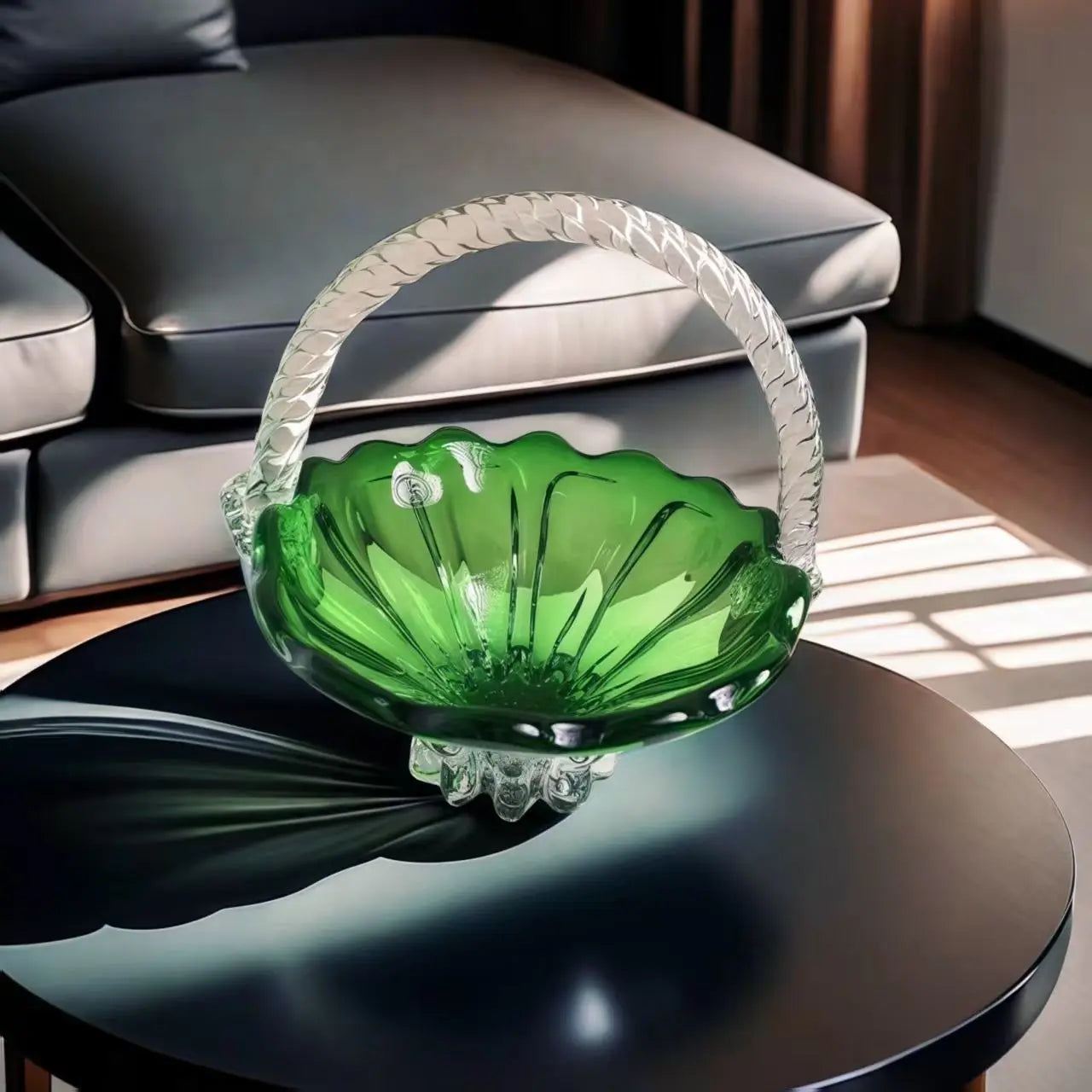 Afralia™ Crystal Handle Fruit Basket Glass Tray for Coffee Table, Elegant Living Room Decor