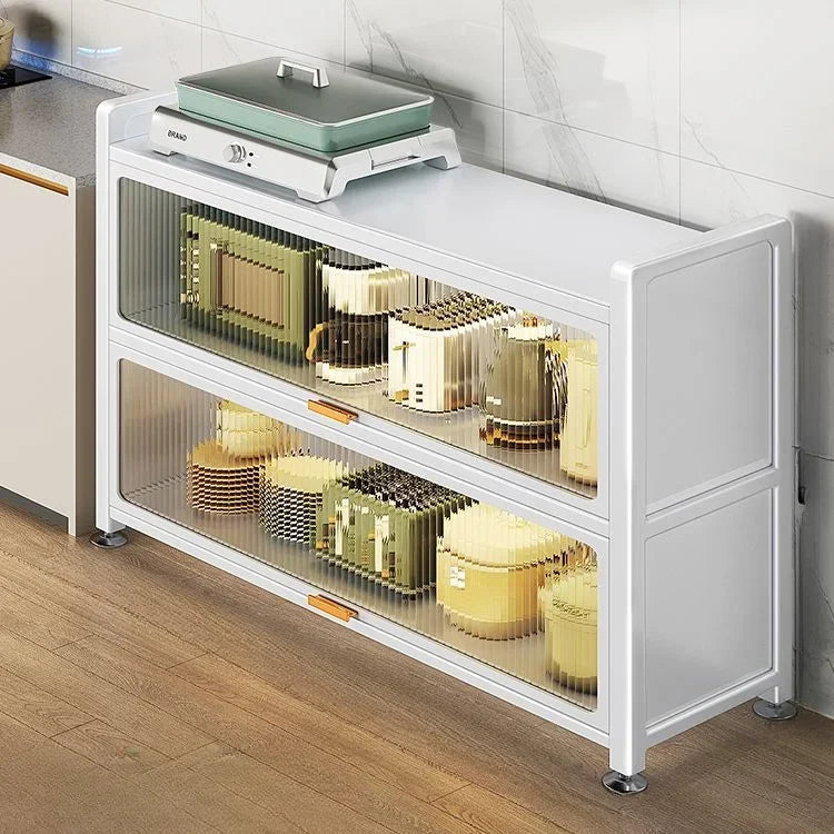 Afralia™ Multi-Storey Kitchen Storage Cabinet with Doors, Microwave Oven Rack & Bowl Organizer