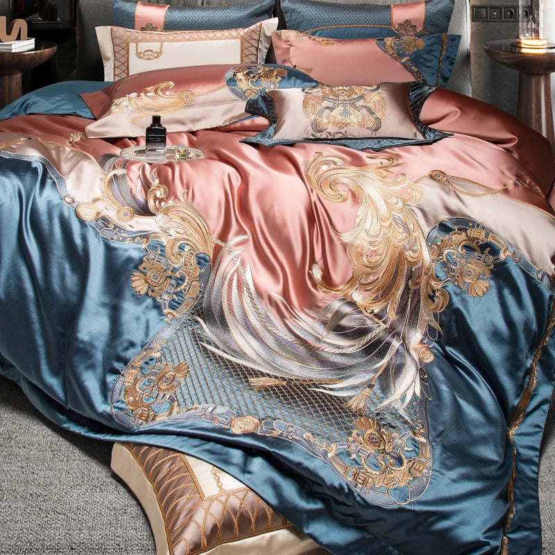 Afralia™ Luxe Gold Embroidery Palace Style Bedding Set - Duvet, Sheet, Pillowcases
