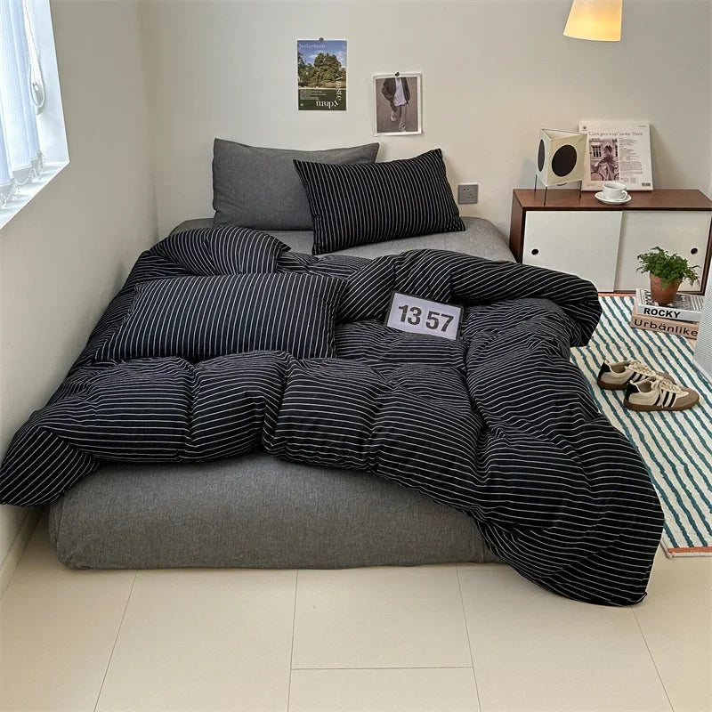 Afralia™ Nordic Striped Cotton Bed 4Pcs Fitted Sheet Set - Breathable & Skin-Friendly