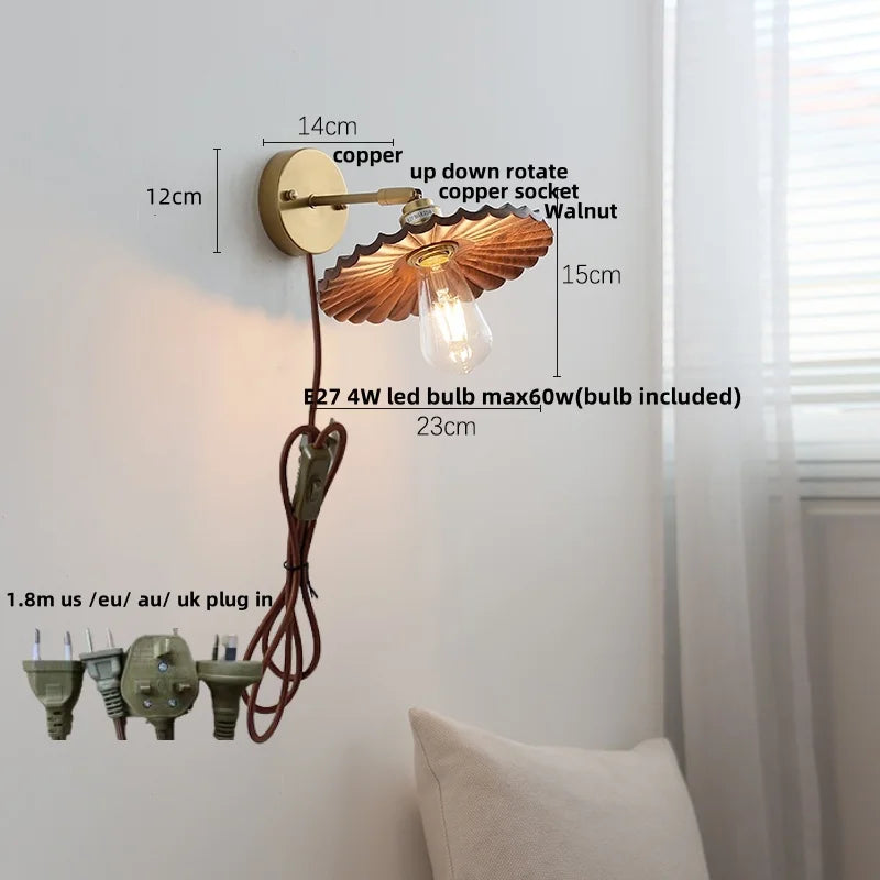 Afralia™ Walnut Wood LED Wall Lamp Sconce Rotatable Up Down Pull Chain Switch Canopy