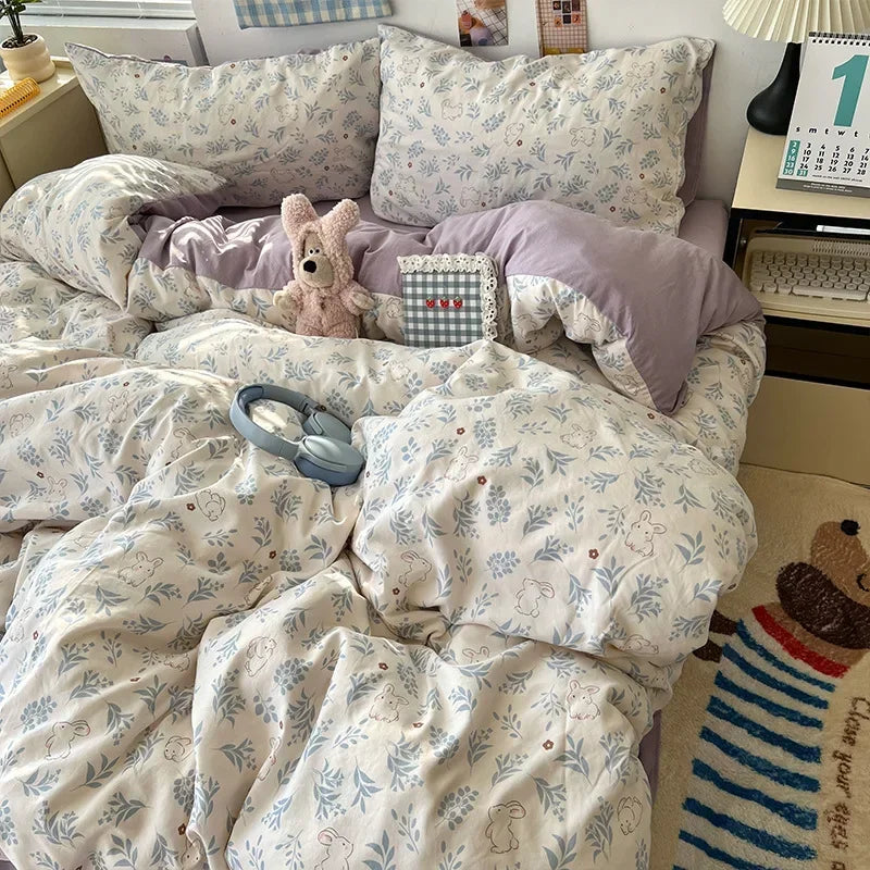 Afralia™ Cute Cartoon Washed Cotton 4-Piece Bedding Set for Spring Soft Skin-Friendly Sheets