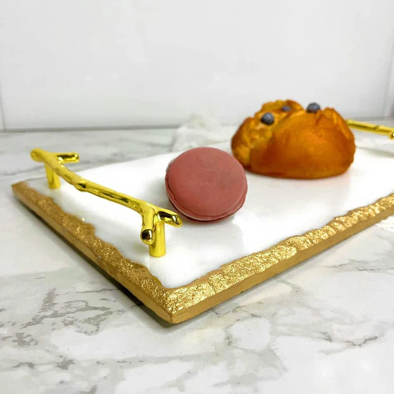 Afralia™ Marble Tray with Gold Handles, Vanity & Serving Tray for Jewelry, Counter, Nightstand