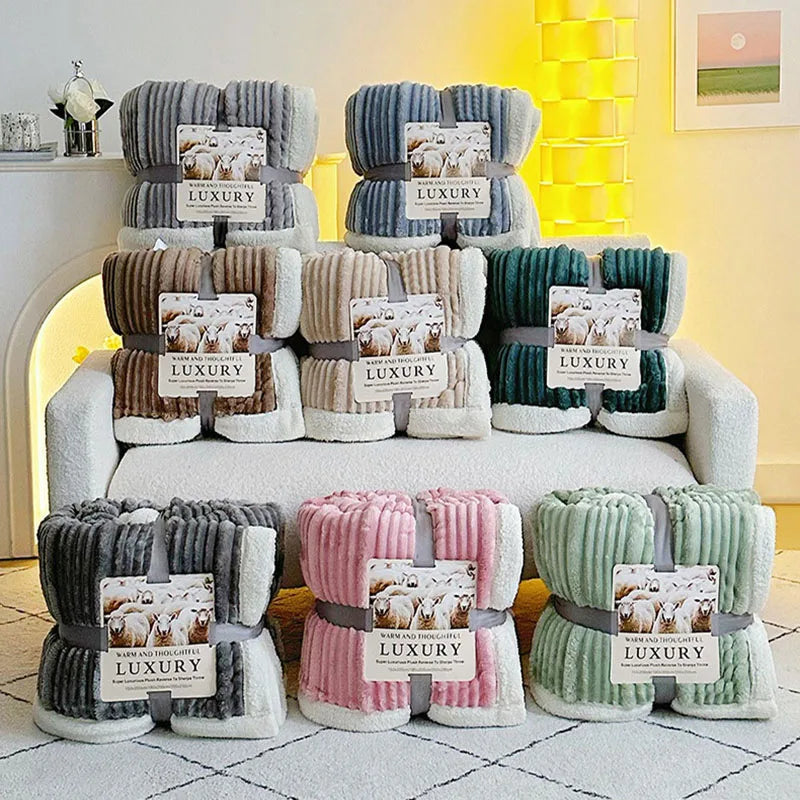 Afralia™ Cozy Lamb Wool Plush Blanket for Adults: Soft, Thickened, Multi-Use Ribbed Shawl