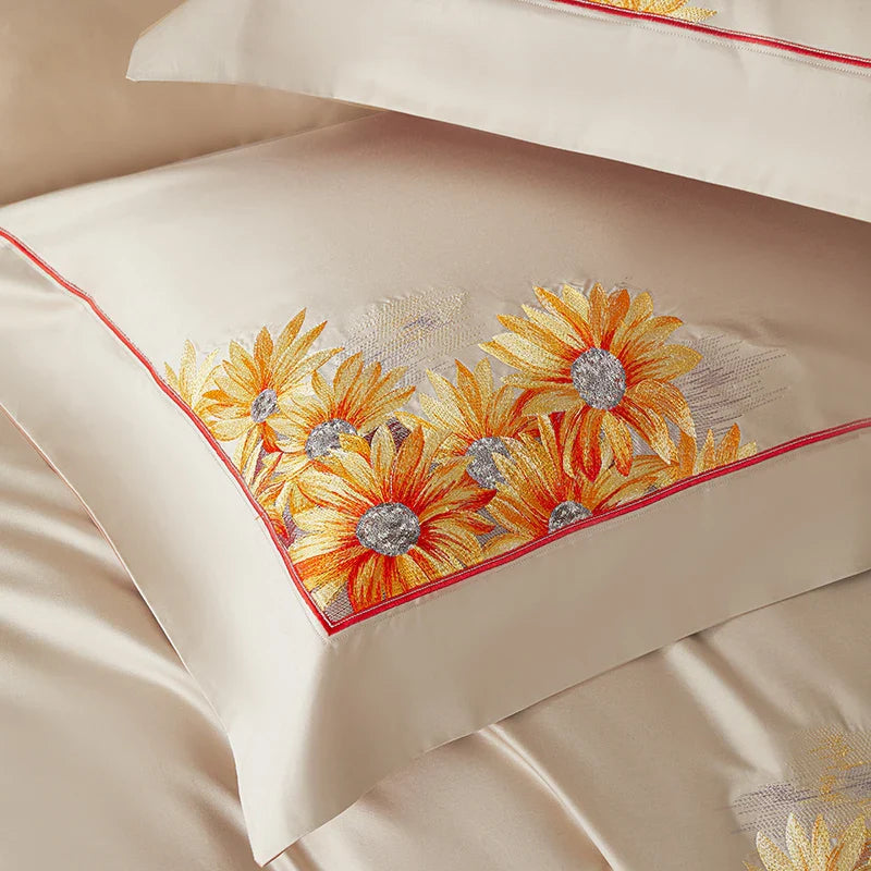 Afralia™ Sunflower Embroidery Bedding Set - Duvet Cover, Bed Sheet, Pillowcases Home Textiles