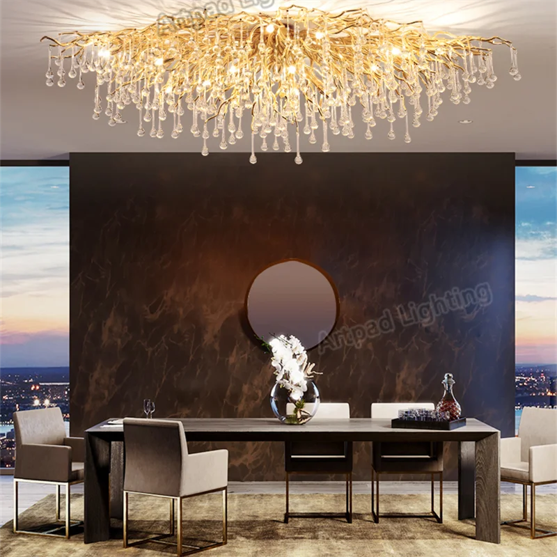 Afralia™ Crystal Teardrop Gold Ceiling Chandelier for Elegant Living Room Bedroom Dining Kitchen