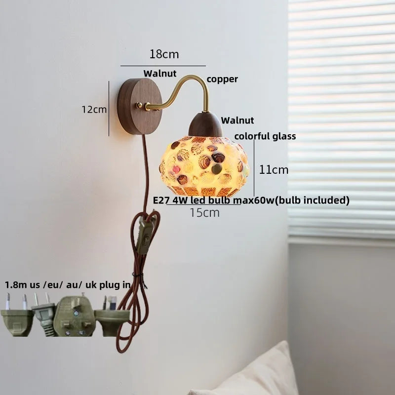 Afralia™ Tiffany Style LED Wall Sconce Walnut Wood Glass Stair Light.