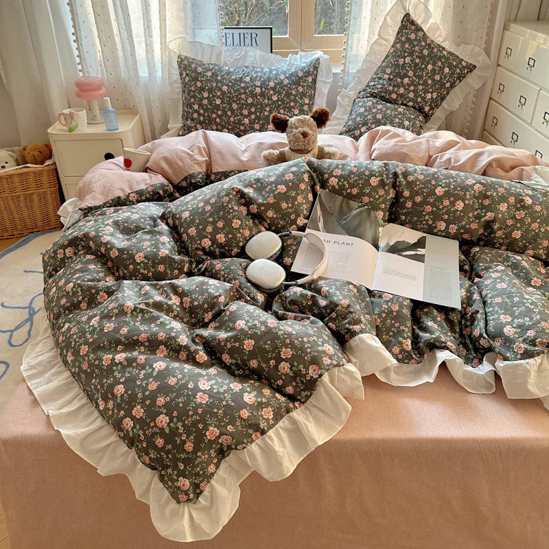 Afralia™ Floral Lace Ruffles Bedding Set 3/4Pcs Single Queen Size Duvet Cover