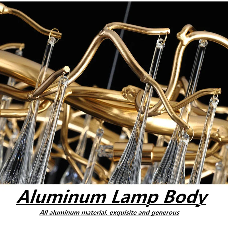 Afralia™ Elegant Gold Metal Branch Chandelier with Glass Water Drop Crystals
