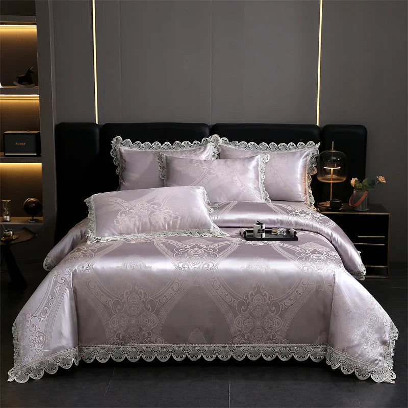 Afralia™ Golden Jacquard Cotton Lace Bedding Set - Silky Soft Duvet Cover, Flat Sheet, Pillowcase