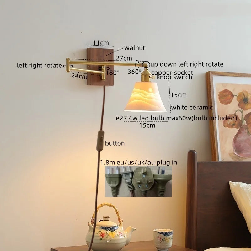 Afralia™ Ceramic Copper LED Wall Light | Modern Bedside Lamp with Pull Chain Switch