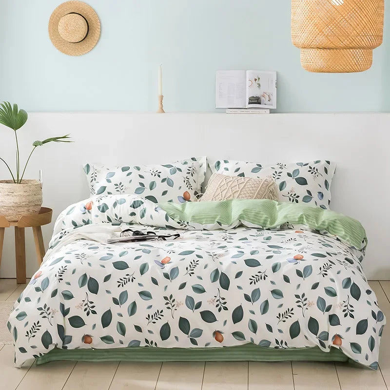 Afralia™ Flowers Print Cotton King Size Bedding Set, Soft & Comfortable Duvet Cover Set