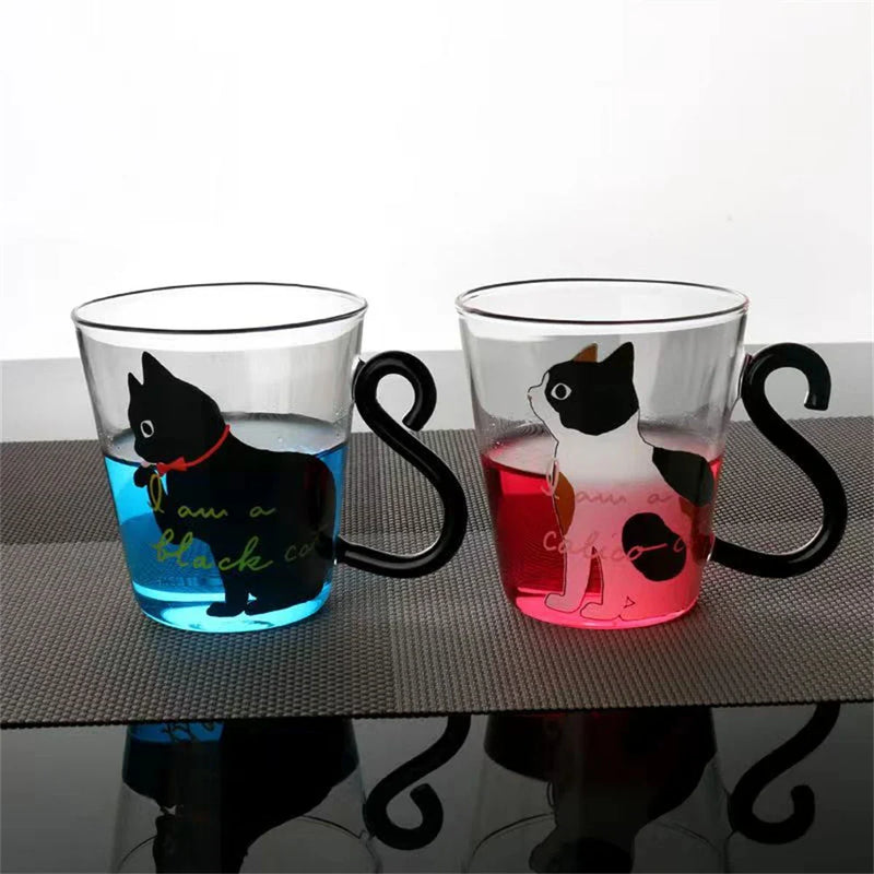 Glass Cat Tail Handle Mug, 300ml, Cute Cartoon Kitty Print, for Coffee, Tea, Milk - Afralia™