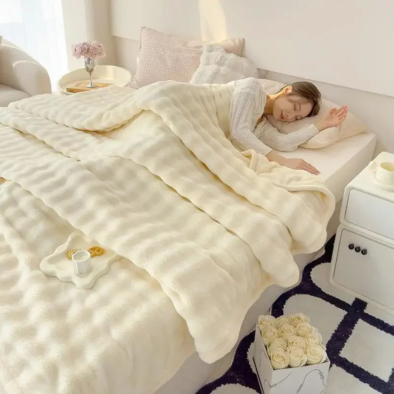 Afralia™ Rabbit Faux Fur Bubble Fleece Plush Blanket Double-Sided for Bed & Sofa