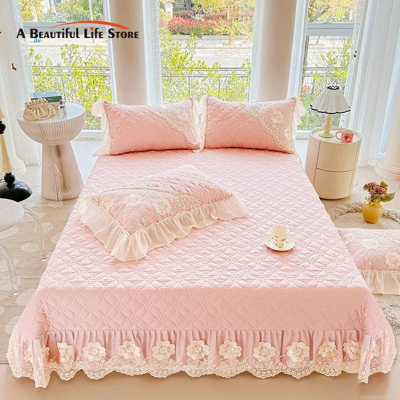Afralia™ Pink Cotton Quilted Bedspread Set with Lace Edge and Pillowcases
