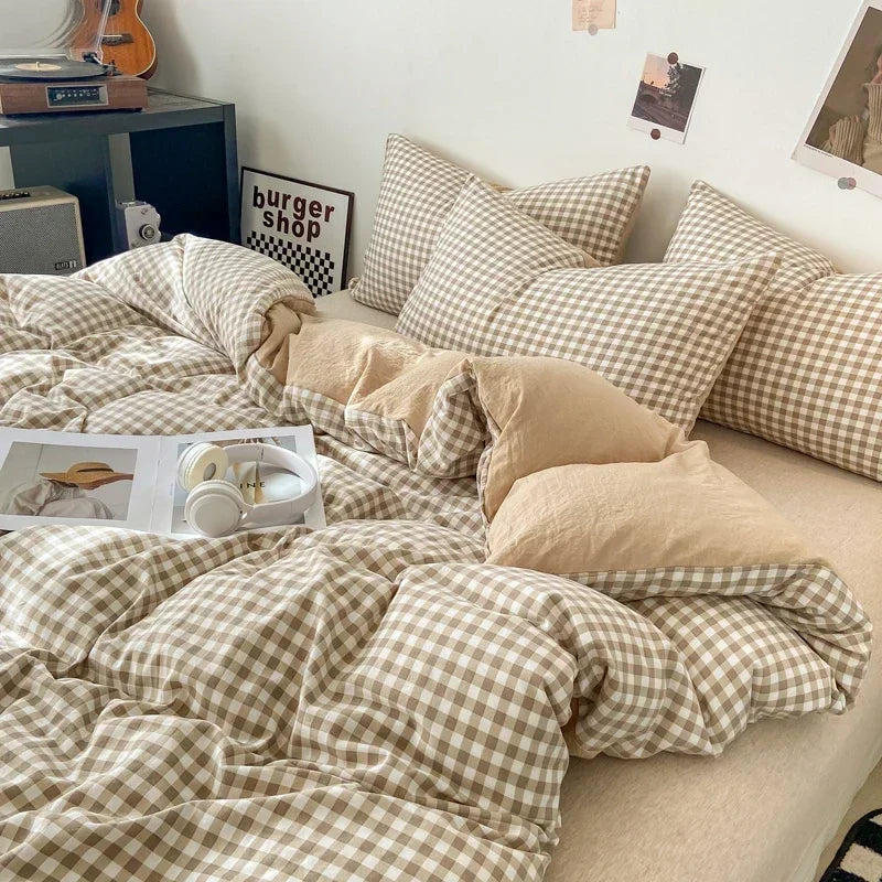 Afralia™ Japanese Style Check Duvet Cover Set - Soft Washed Quilt Cover & Pillowcase