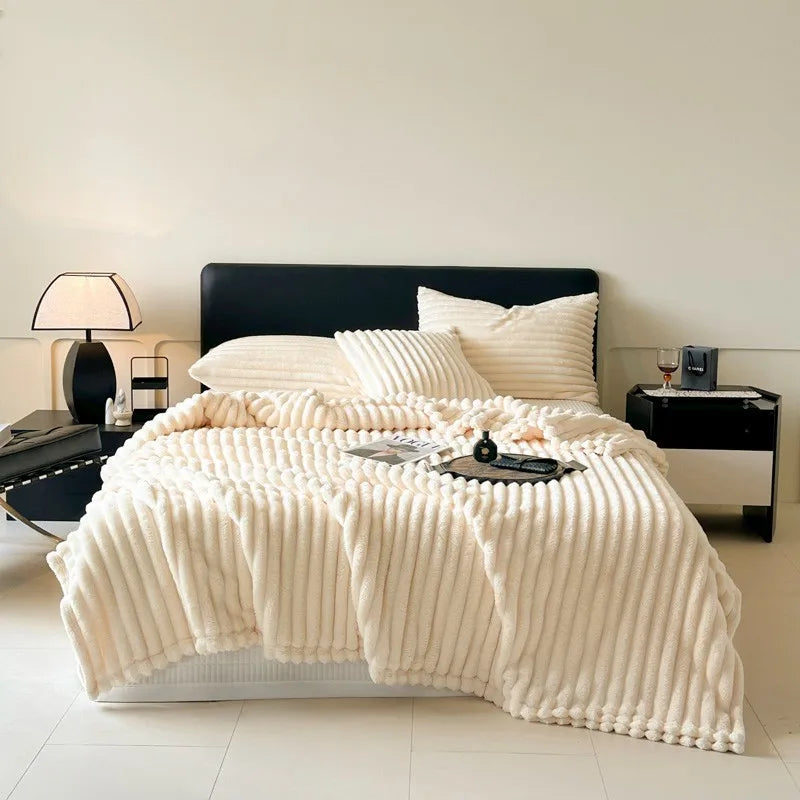 Afralia™ Cozy Coral Fleece Striped Solid Blanket for Winter Sofa Cover Queen King Sizes
