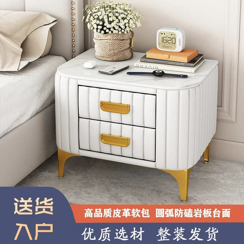 Afralia™ Rock Bed Edge Cabinet with Drawers - Modern & Luxury Leather Master Bedroom Nightstand