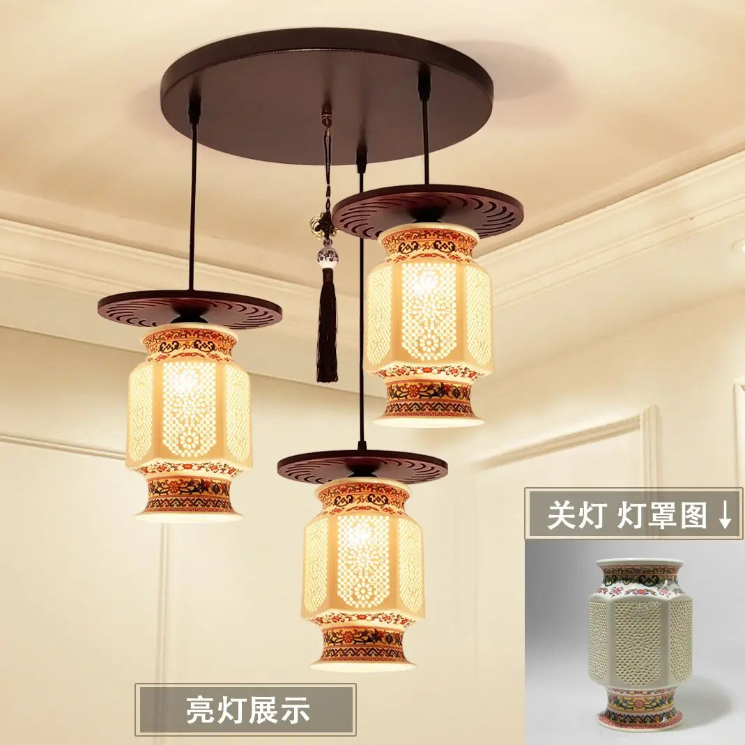 Afralia™ Three-Headed Chinese Antique Ceramic Pendant Light for Study, Dining Room, Bedroom