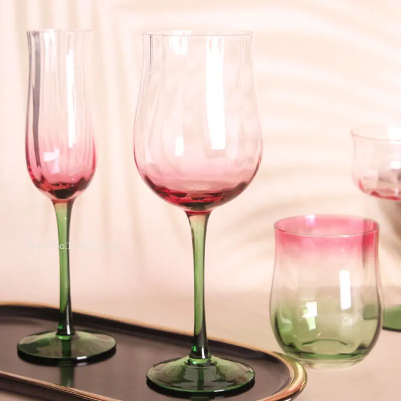 Afralia™ Pink Ripple Crystal Champagne & Red Wine Glasses Set for Elegant Celebrations