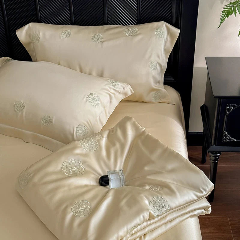 Afralia™ Eucalyptus Fiber Flower Embroidery Quilt Set with Bed Sheet & Pillowcase