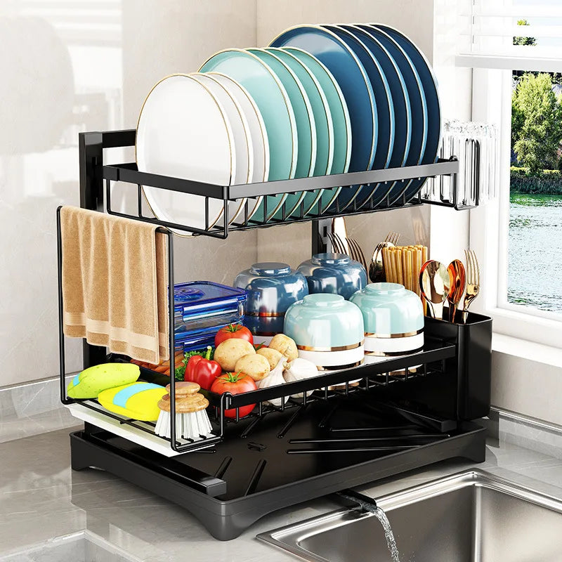 Afralia™ Dish Drying Rack & Drainboard Set with Tableware Storage, Towel Rack, and Chopstick Cage