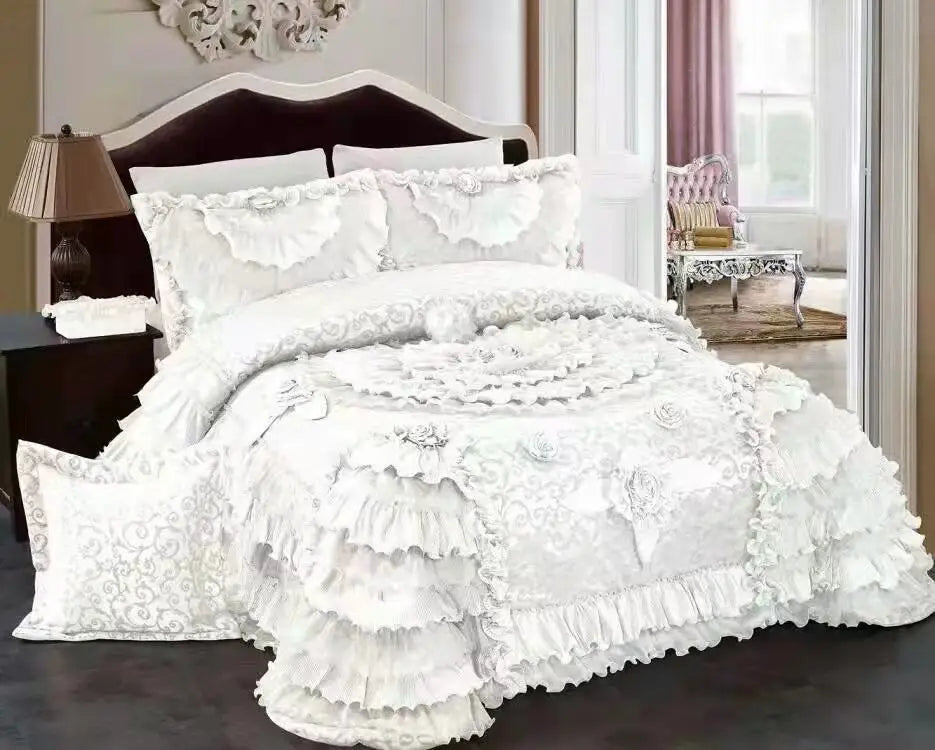 Afralia™ Luxe Champagne Jacquard Lace Bedspread Set with Pillowcases