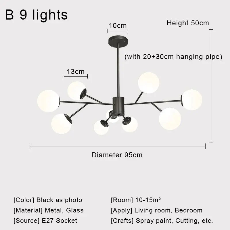 Afralia™ Nordic Black Glass Ball Ceiling Chandelier for Living Room Kitchen Bedroom Dining Home Décor
