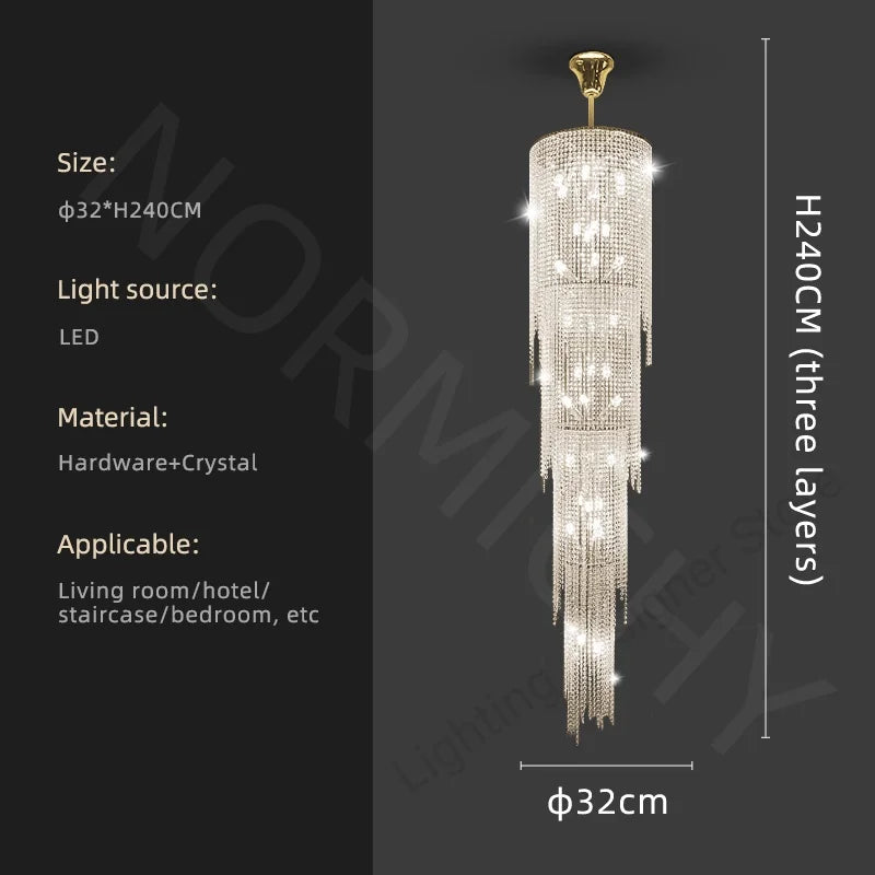 Afralia™ Crystal Chandelier LED Pendant Light for High Villa Ceiling Staircase