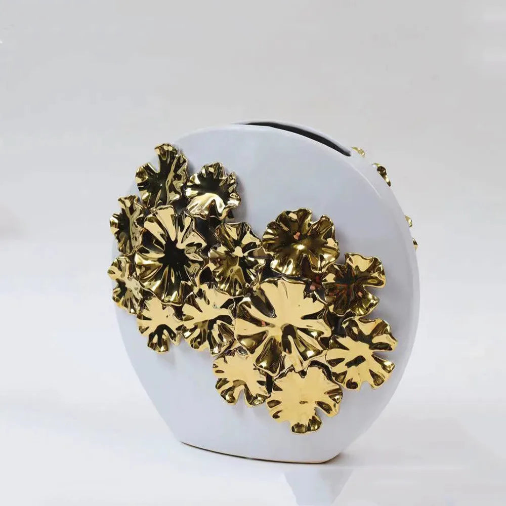 Afralia™ Gold Embossed Flower Ceramic Vase for Home Decoration and Floral Arrangements