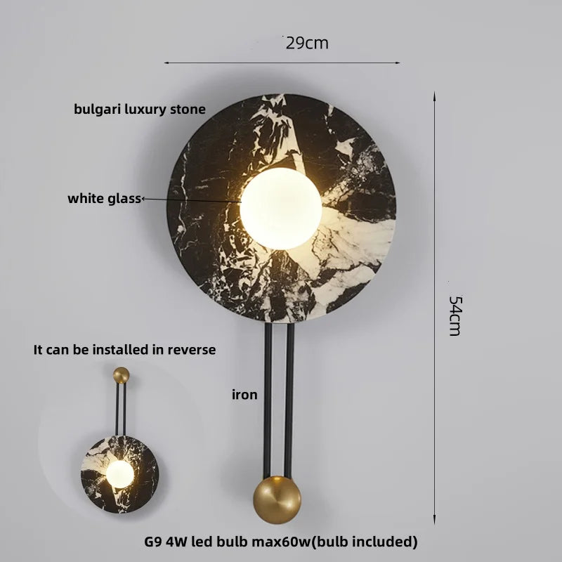 Afralia™ Yellow Travertine LED Wall Lamp, Modern Glass Ball Bathroom Mirror Light