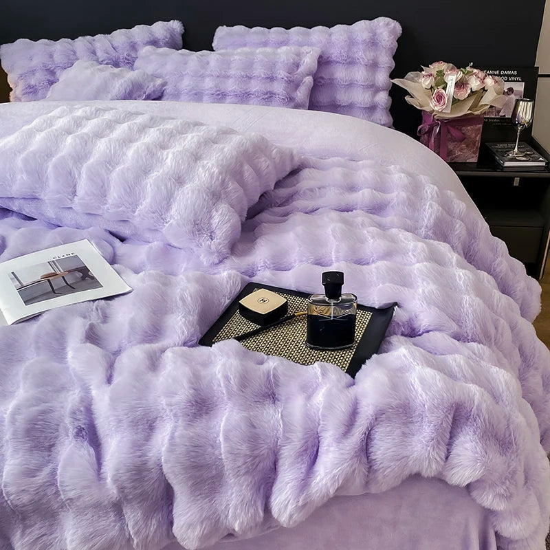 Afralia™ Gradient Faux Rabbit Fur Bedding Set - Warm Luxury Plush Duvet Cover & Quilt Sets