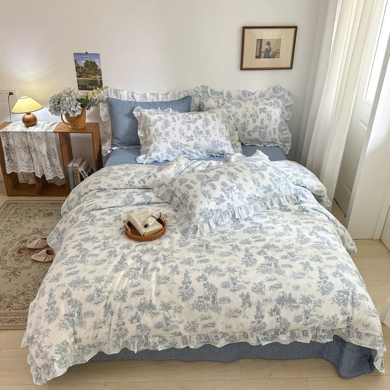 Afralia™ Floral Lace Ruffle Bedding Set, Fresh Flower Single Duvet Cover, 100% Cotton