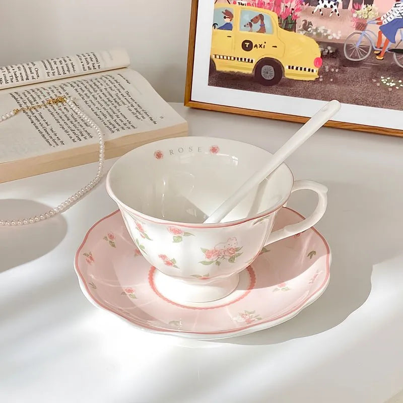 Afralia™ Pink Rose & Rabbit Ceramic Coffee Cup Set - 250ml