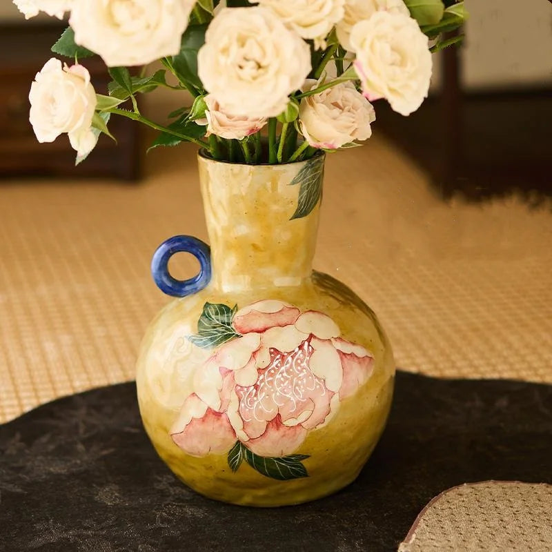Afralia™ Peony Flower Vase, Chinese Hand-painted Porcelain Home Decor Accessory