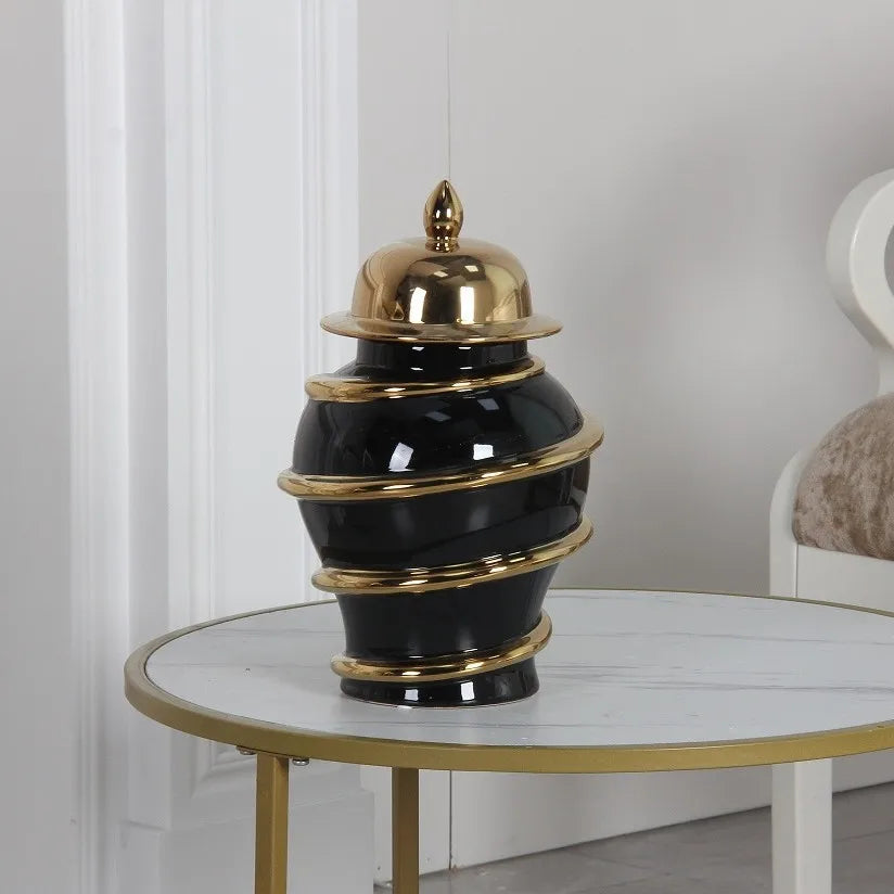Afralia™ Ceramic Golden General's Striped Ginger Jar Flower Vase for Home Decoration