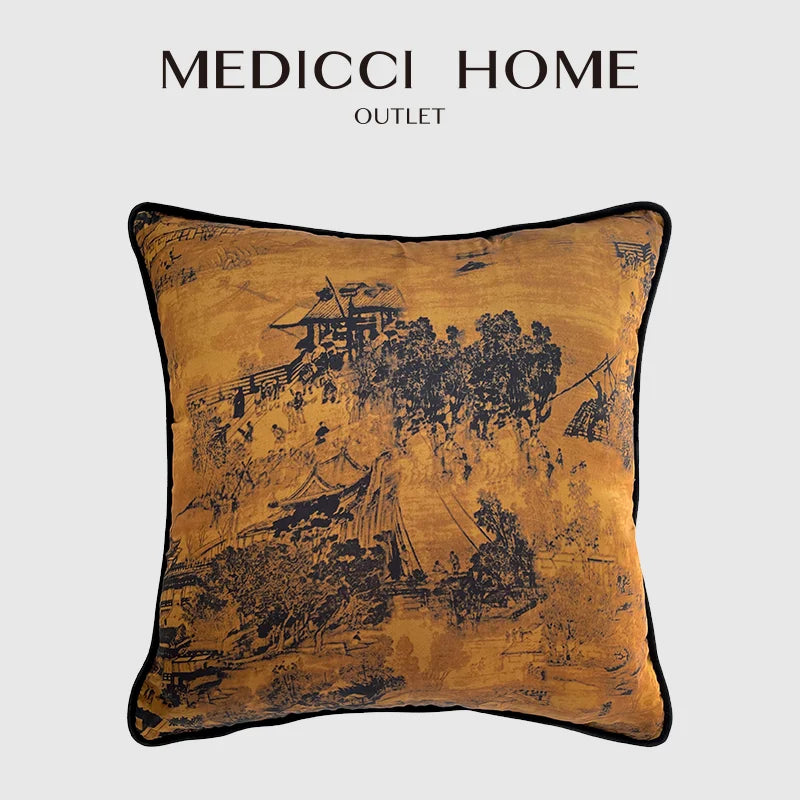 Afralia™ Chinoiserie Sunset Glow Landscape Accent Cushion Cover - Exquisite Retro Decor Pillowcase