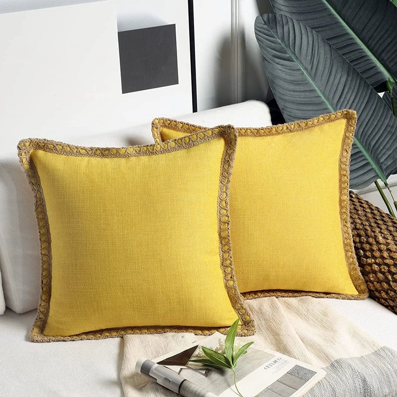 Afralia™ Rustic Linen Cushion Covers Set, Mustard Yellow Decorative Throw Pillows, 30x50cm - 50x50cm