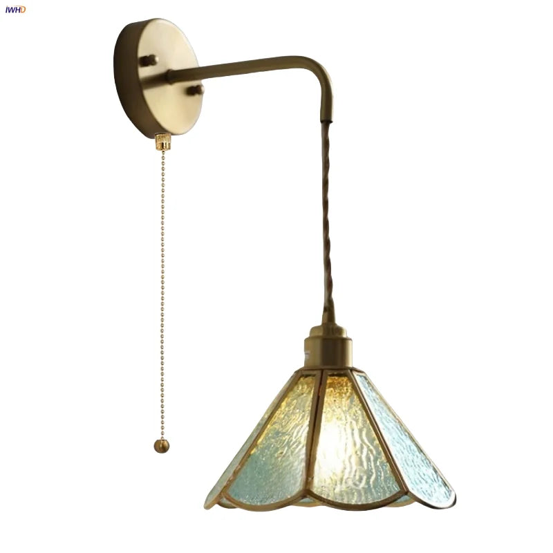 Afralia™ Blue Glass LED Wall Sconce Pull Chain Switch Staircase Tiffany Style Mirror Light