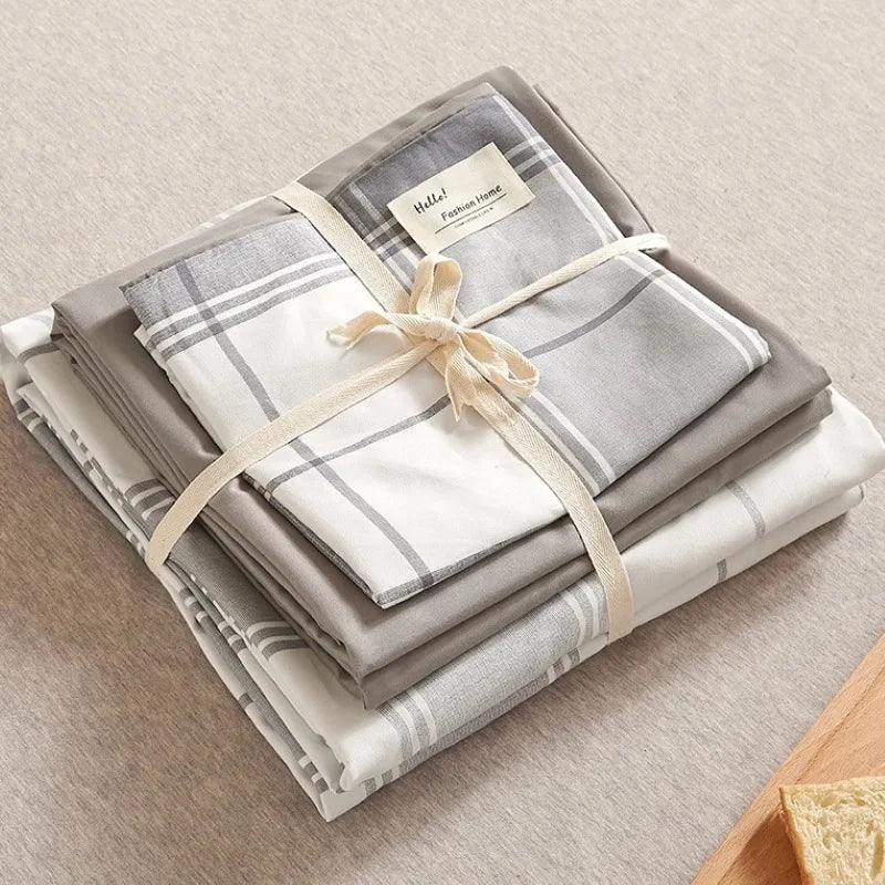 Afralia™ Japanese Grid Printed Cotton Bedding Set in Queen/King for Cozy Sleep