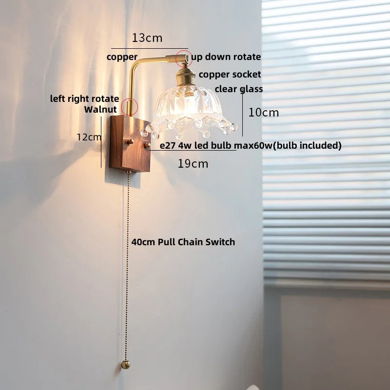 Afralia™ Nordic LED Wall Light with Pull Chain Switch, Copper Walnut Wood and Clear Glass