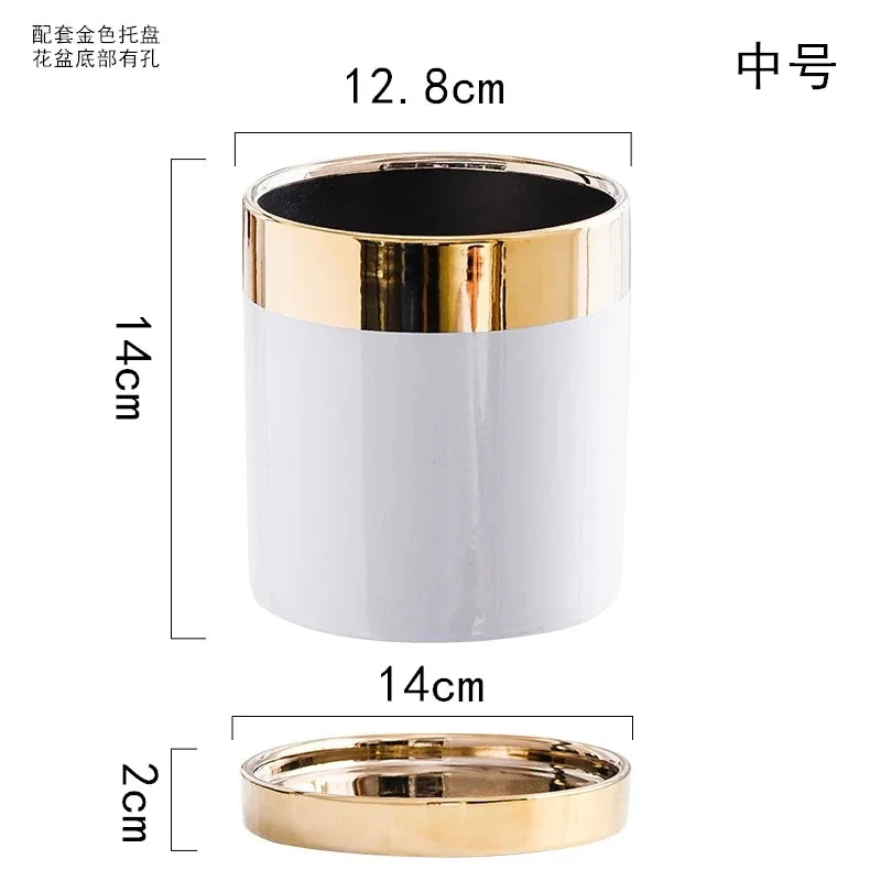 Afralia™ Luxury Emerald Ceramic Flowerpot with Gilded Border for Home and Office Decor