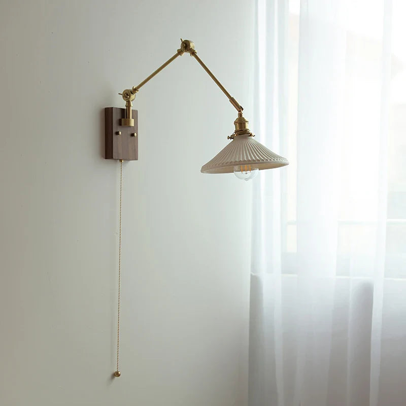Afralia™ Rotatable 2 Swing Arms LED Wall Lamps, Walnut Wood Nordic Modern Ceramic Stair Light