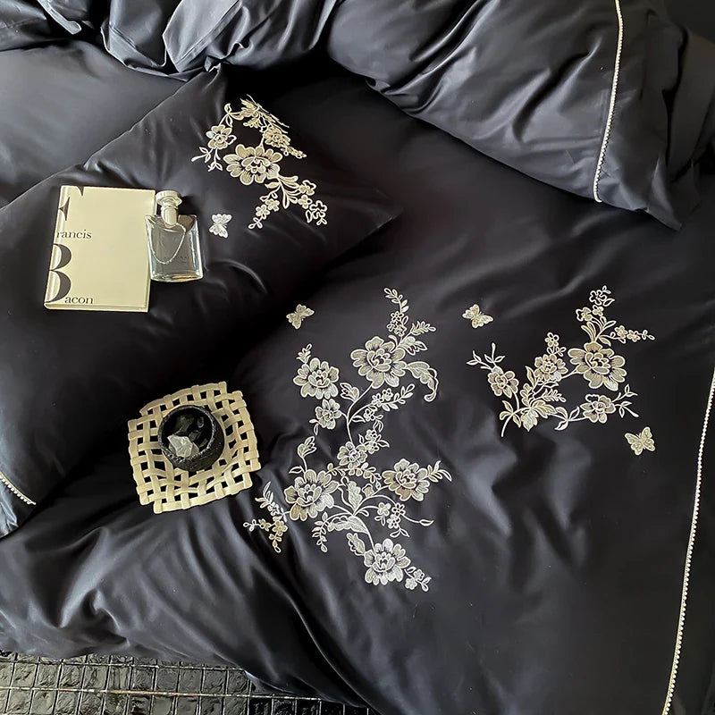 Afralia™ Egyptian Cotton Flowers Embroidery Bedding Set in Black, Red, and Khaki