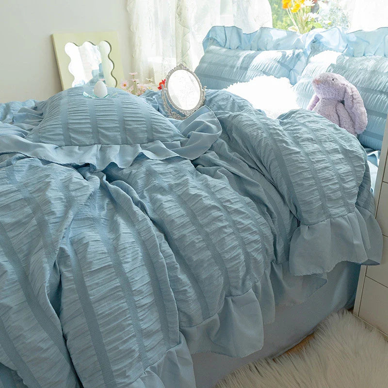 Afralia™ Princess Seersucker Kawaii Bedding Set | Lovely Ruffles Duvet Cover | Soft Comfortable Bed Sets
